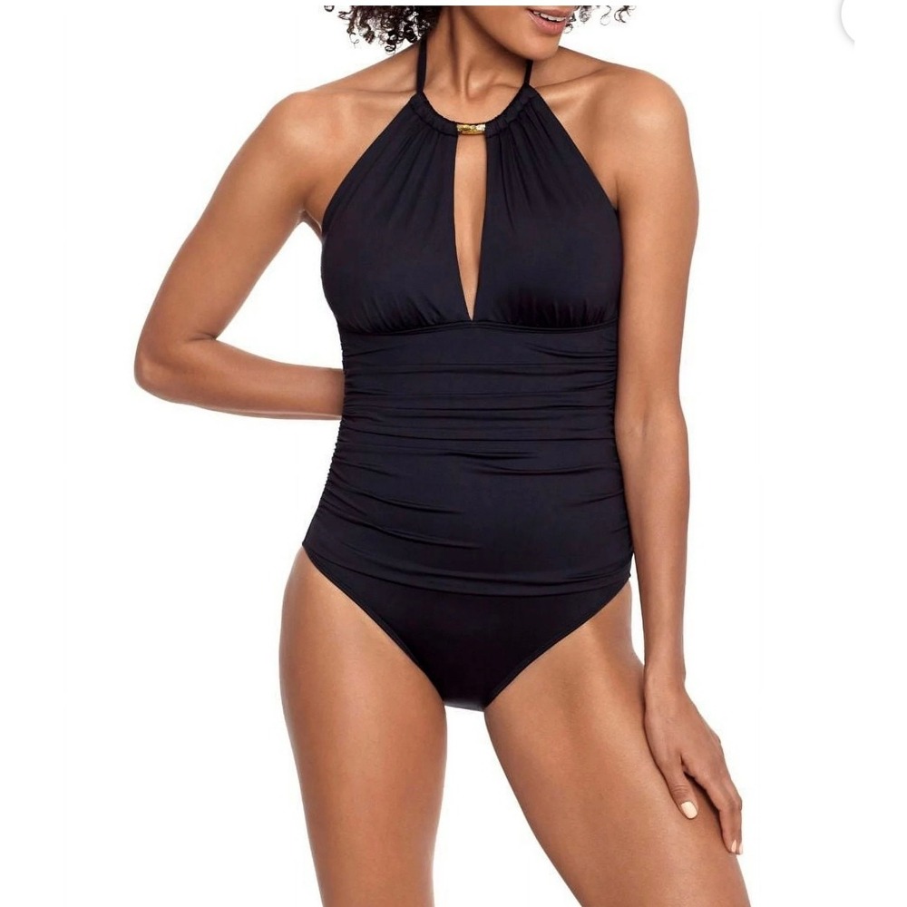 Lauren Ralph Lauren Black Halter Keyhole One Piece Swimsuit NWOT 16W Slimming